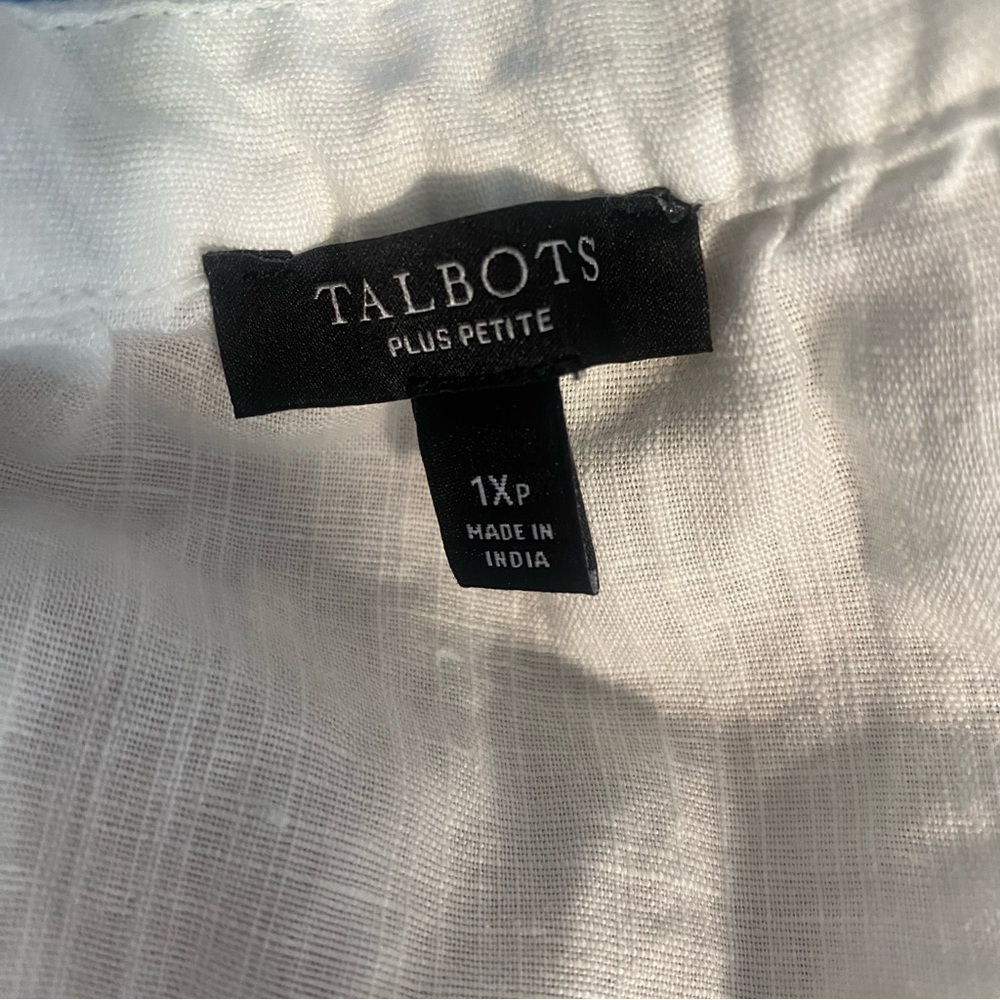 Talbots White Linen Blouse with Blue & Green Crochet Trim Sz 1X Petite - Picture 8 of 9